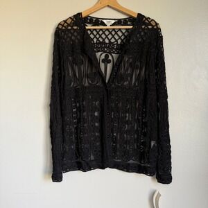 Vintage Celsa Black Sheer Mesh Soutache Embroidered Button Front Cardigan NWT